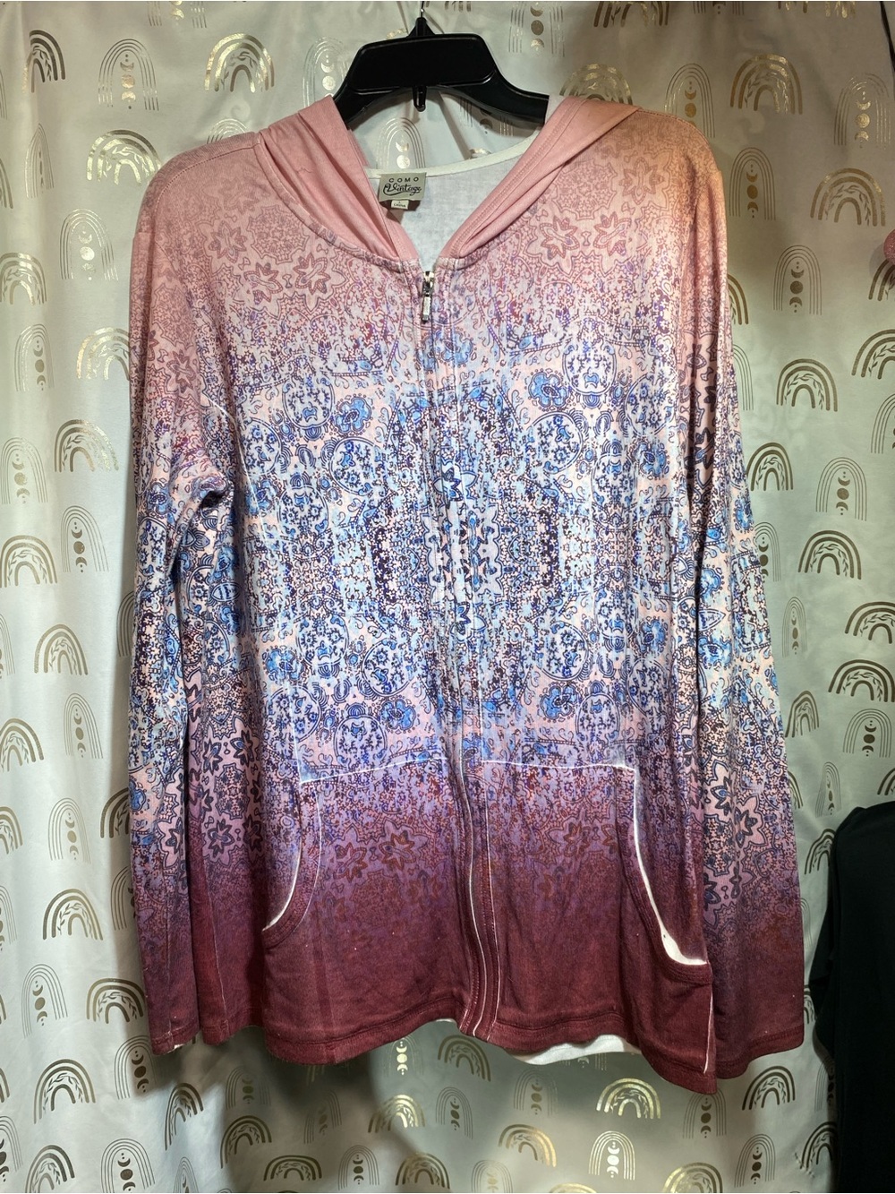 Como Vintage Pink and Blue Patterned Zip Hoodie Jacket